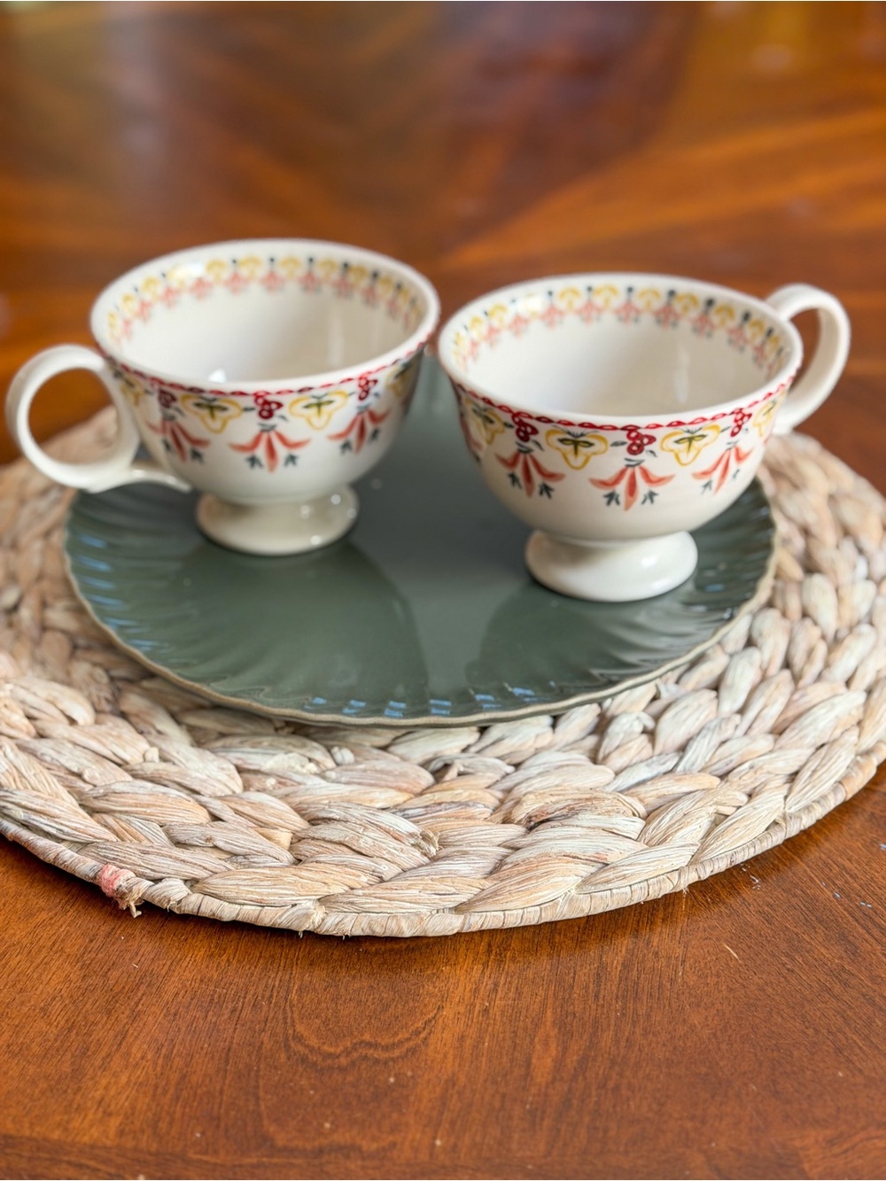 Mimi Thorisson Cream Floral Footed Teacups(2) & napkins (2)- Set 4 Anthropologie